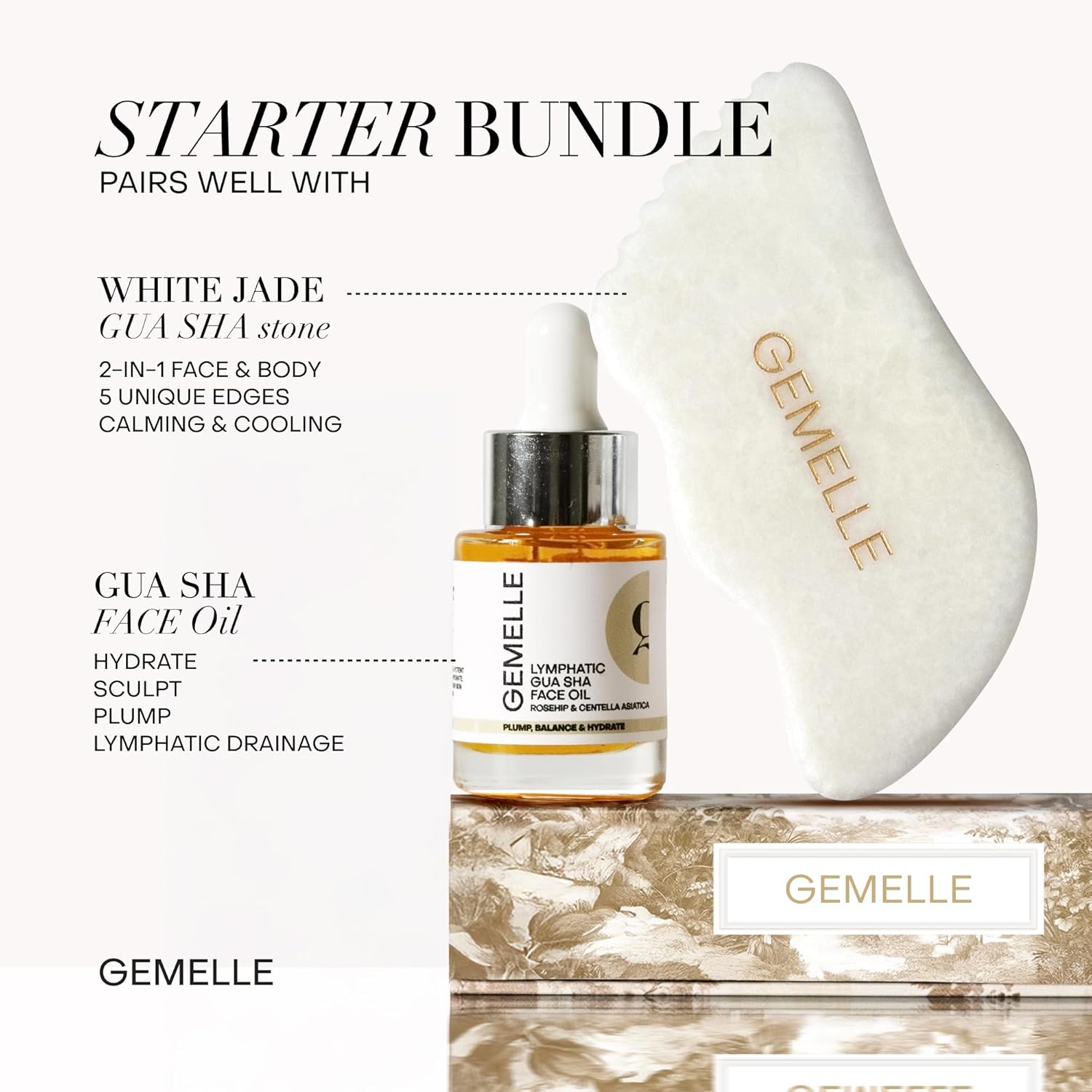 GEMELLE Lymphatic Gua Sha Face Oil with Jade Gua Sha Stone Set | 10x Award Winner | Premium Botanical Skincare with Pure White Jade Gua Sha Stone to Hydrate, Plump, De-Puff, Sculpt and Nourish 15ml - Image 2