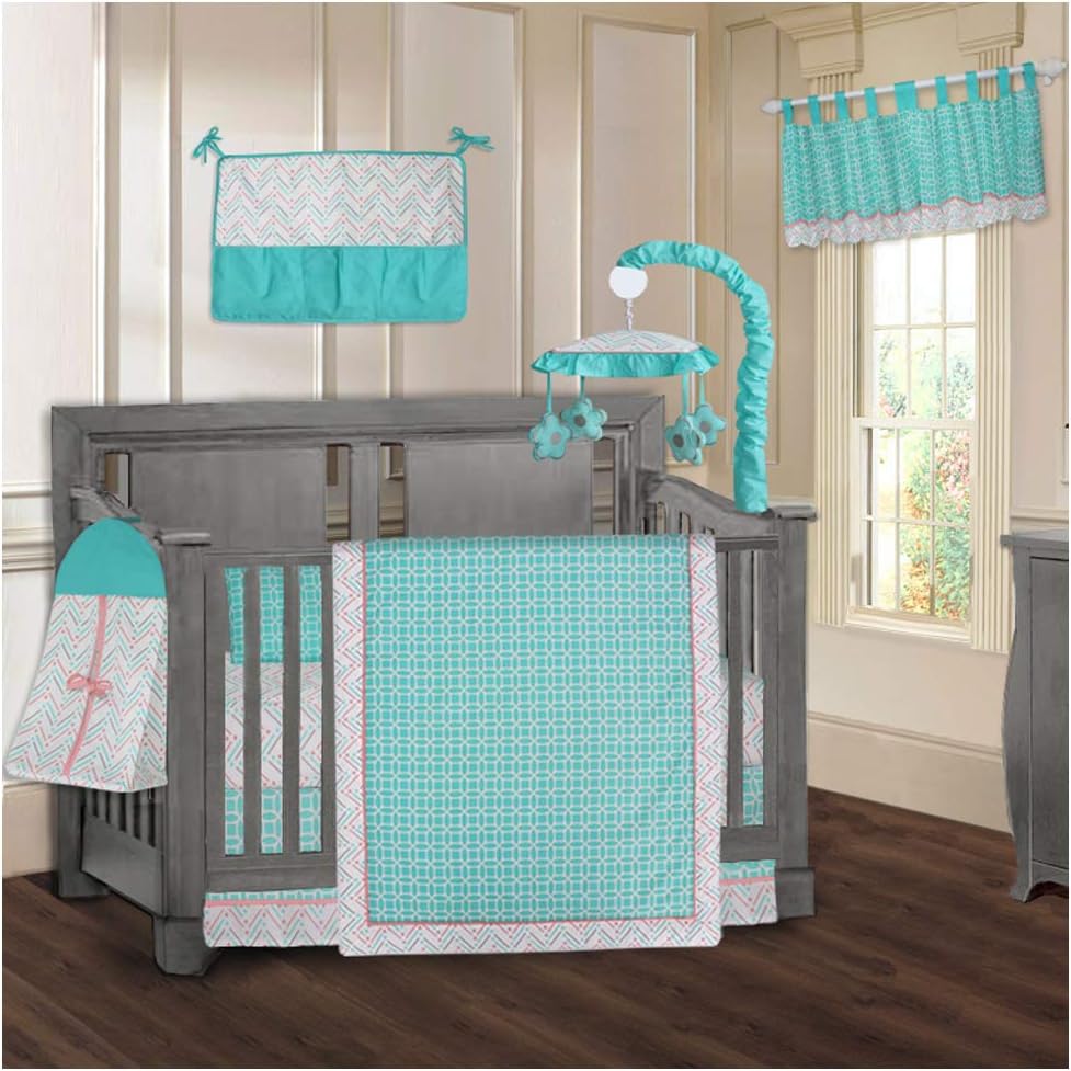 BabyFad Lattice Chevron Turquoise 9 Piece Baby Crib Bedding Set : Baby