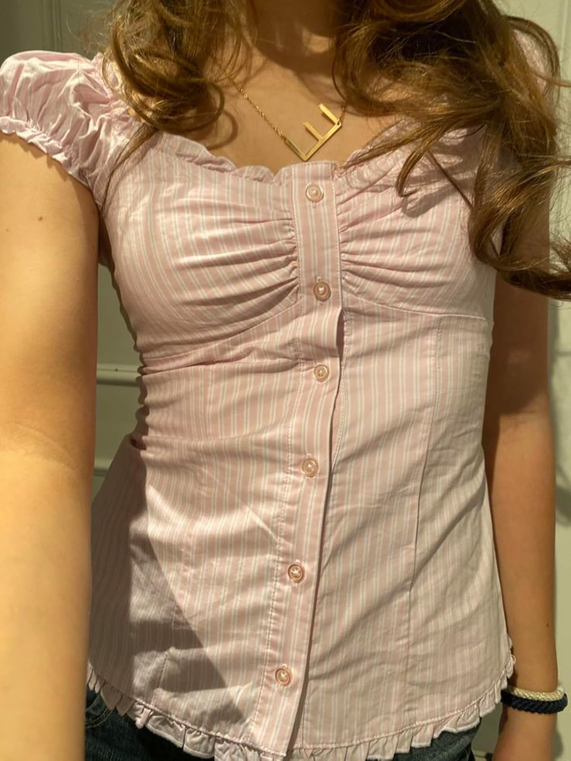 Women Fairy Babydoll Top Y2K Ruffle Trim Puff Sleeve Button Up Smocked Shirt Teens Summer Coquette Baby Tee Going Out
