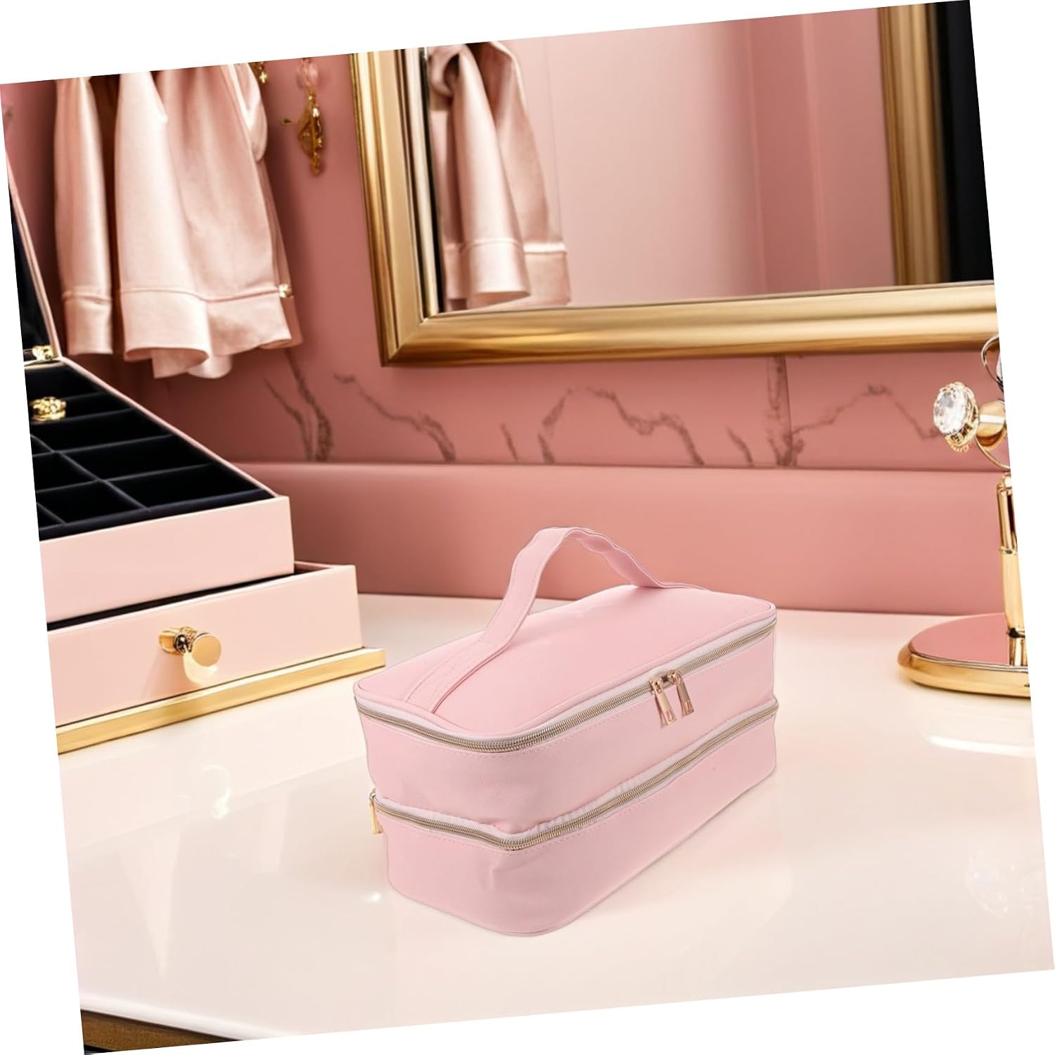 Operitacx Pu Double-layer Travel Hair Dryer Case Pink, Compact Hair Tools Storage Bag Compatible with Blow Dryer and Curling Iron for Home and Salon Use