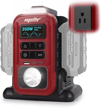 350W Power Inverter Pure Sine Wave Compatible with Milwaukee 18v Battery - Tool ONLY, Portable Battery Converter 20V to AC 110V, 2 USB-C & USB-A Ports, LCD Display, LED Light for Camping & Emergency