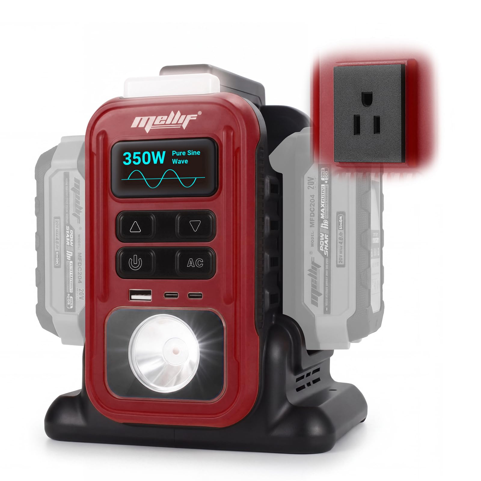 350W Power Inverter Pure Sine Wave Compatible with Milwaukee 18v Battery - Tool ONLY, Portable Battery Converter 20V to AC 110V, 2 USB-C &amp; USB-A Ports, LCD Display, LED Light for Camping &amp; Emergency
