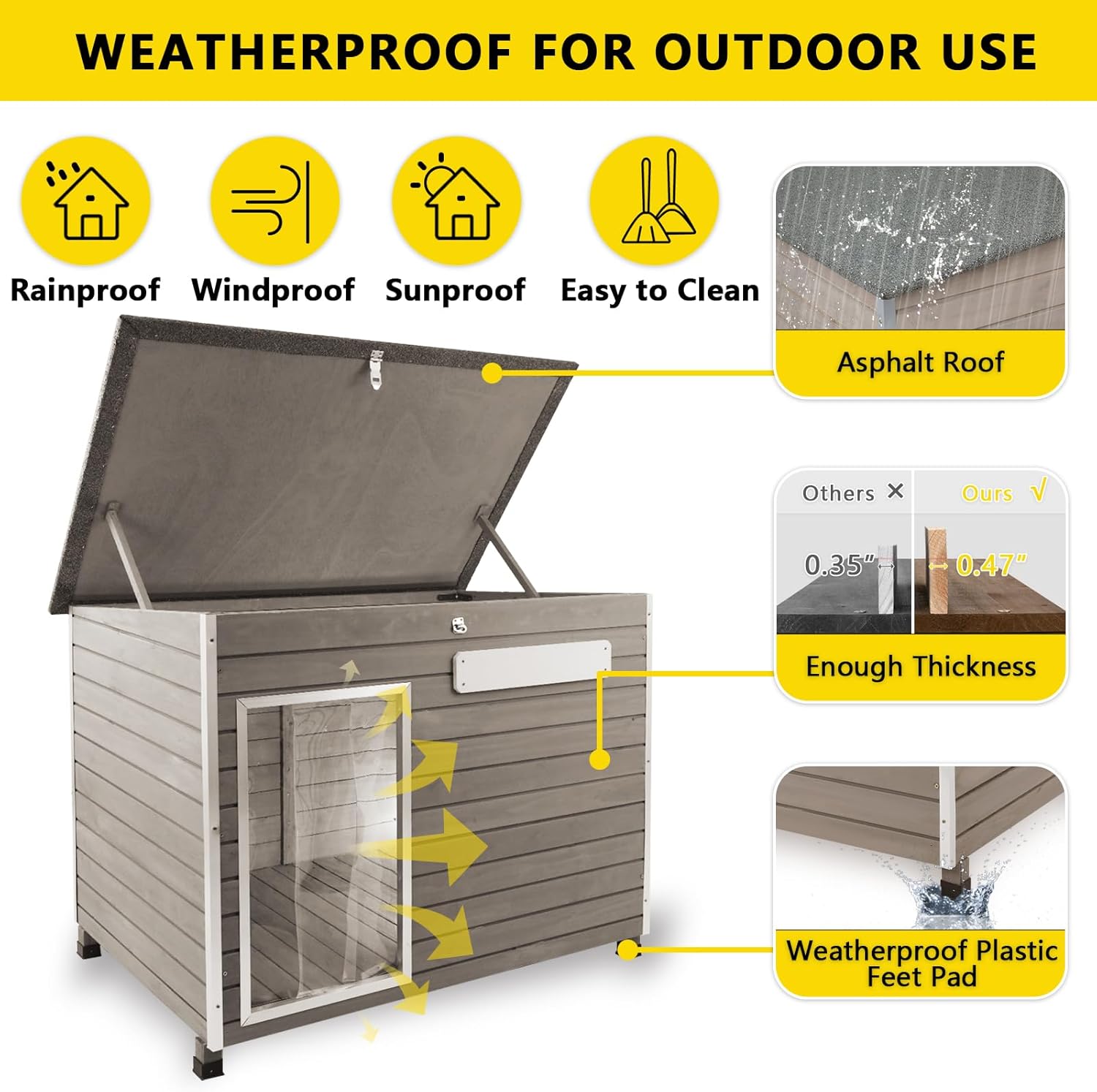 Gowoodhut 43.7" L Dog House Outdoor,Indoor Dog Kennel for Small & Medium & Large Dogs with Openable Asphalt Roof,100% Natural Fir Wood Outdoor Indoor Dog Houses with Removable Floors,Raised Feet,Grey