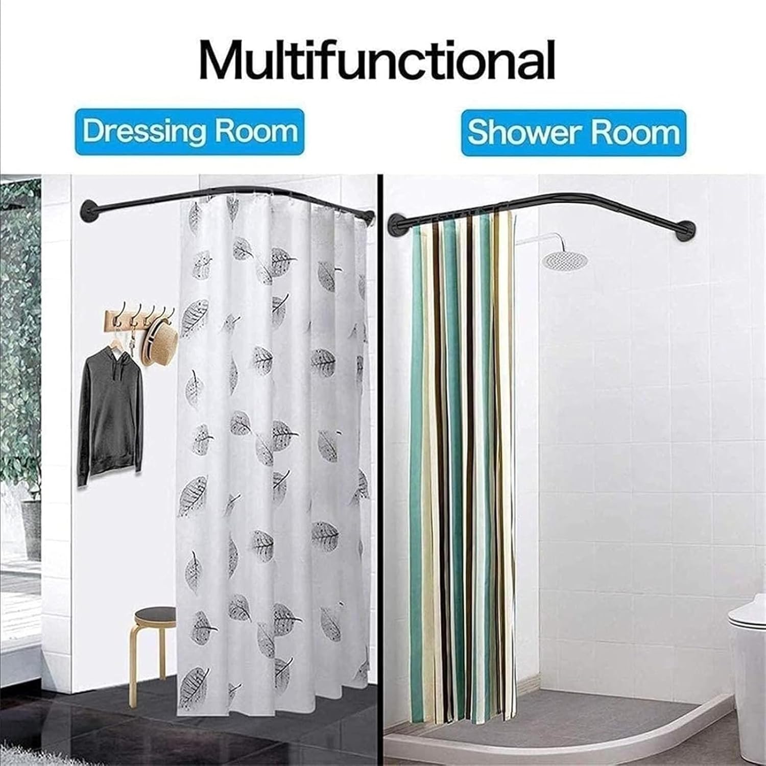 Shower Curtain Rod, Stainless Curved Shower Curtain Rod, Shower Curtain Rod Adjustable Extendable Pole, Shower Curtain Not Included(60~80x80~120cm)
