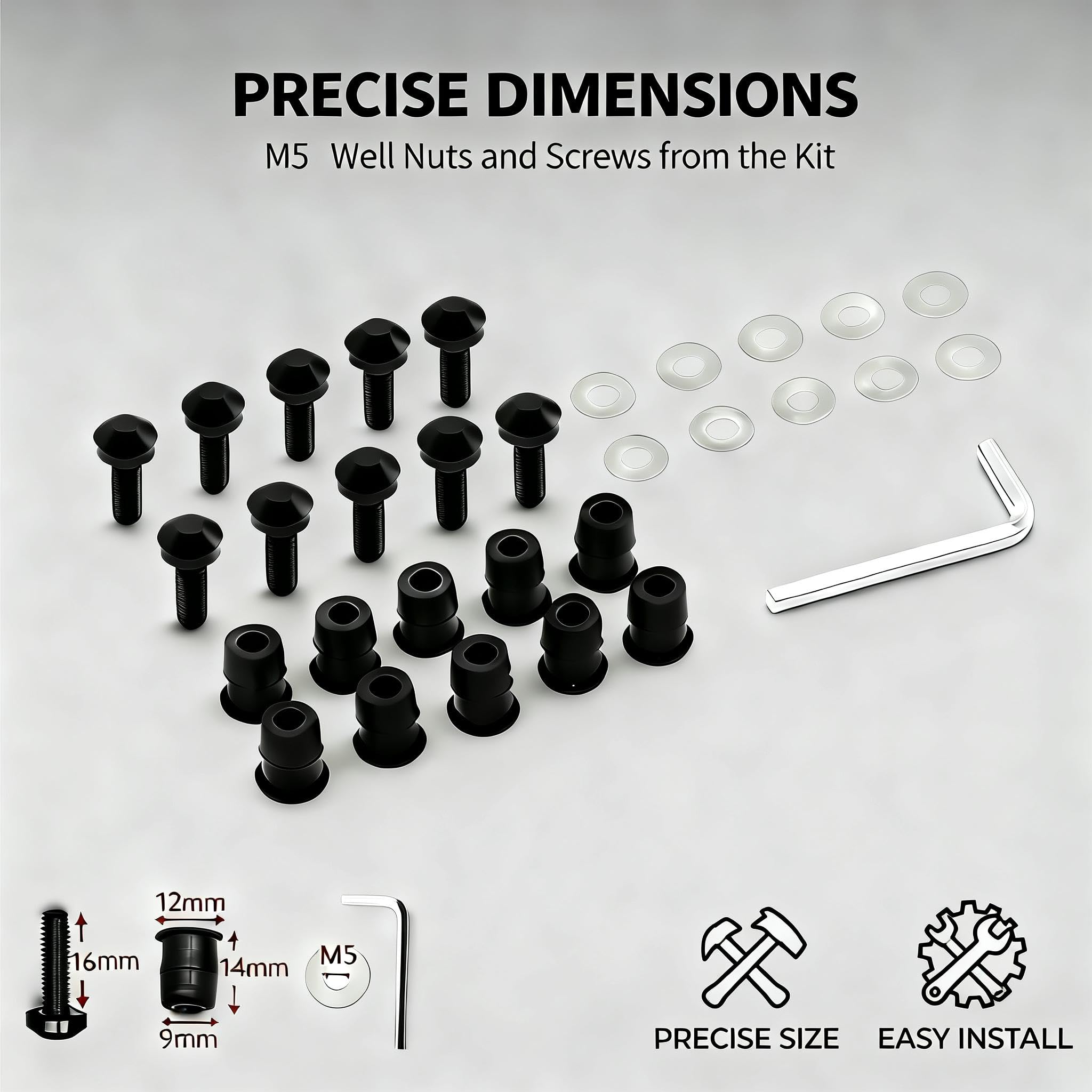 Kit Fissaggio M5 Moto, 10 Pezzi Viti in Alluminio con Dadi in Gomma e Rondelle Trasparenti, Set per Parabrezza e Carene Moto, Accessori di Fissaggio Antivibranti con Chiave a Brugola