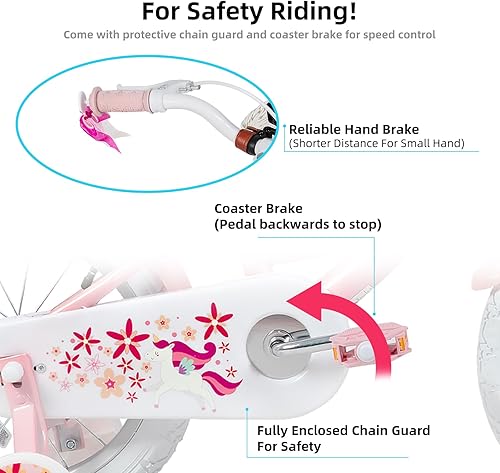 Miniatura 3 de JOYSTAR Unicorn - Bicicleta infantil de 12 pulgadas para niñas de 3 a 4 años con ruedas de entrenamiento, diseño de princesa, color rosa