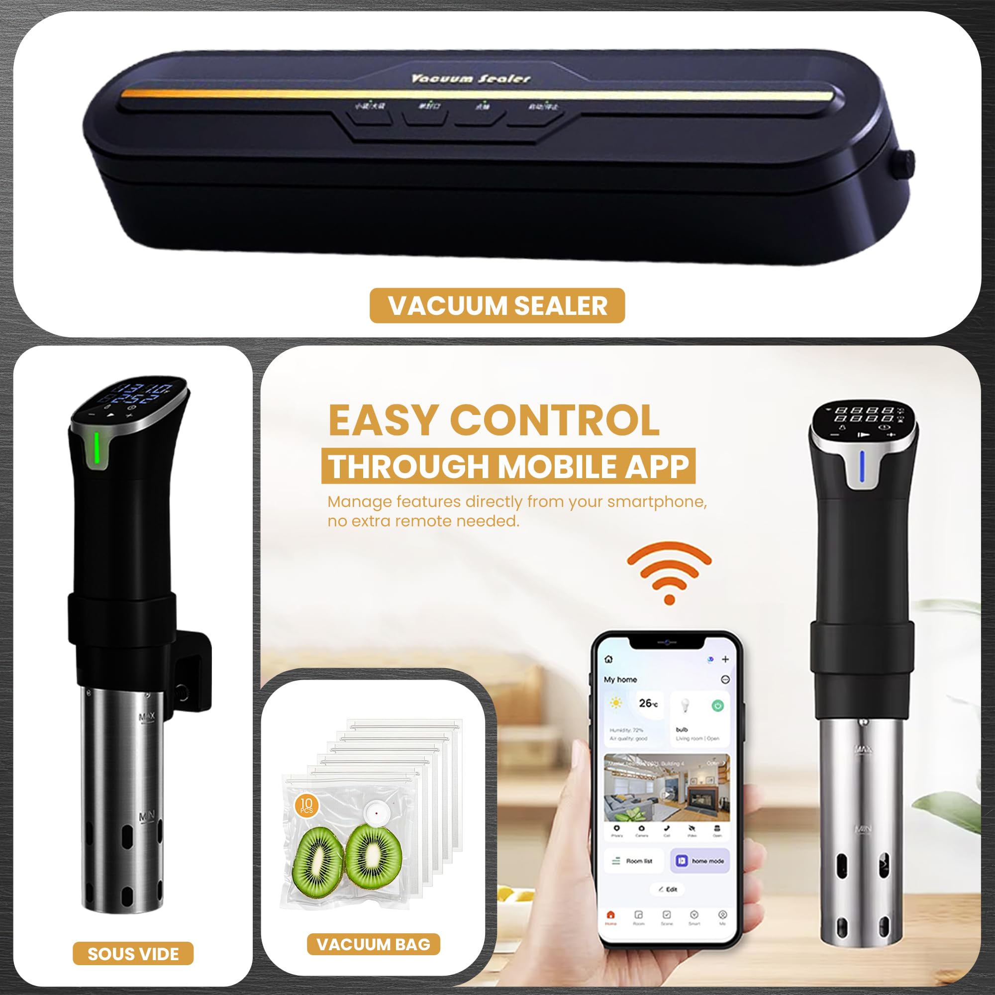 CRUXO 1100W Sous Vide Cooker Kit With App Control, Immersion Circulator, LED Display, Touch Panel, Vacuum Sealer & 10 Sealing Bags | Suvee Sous Vide Machine For Precise Cooking, Smart Thermal Cooker