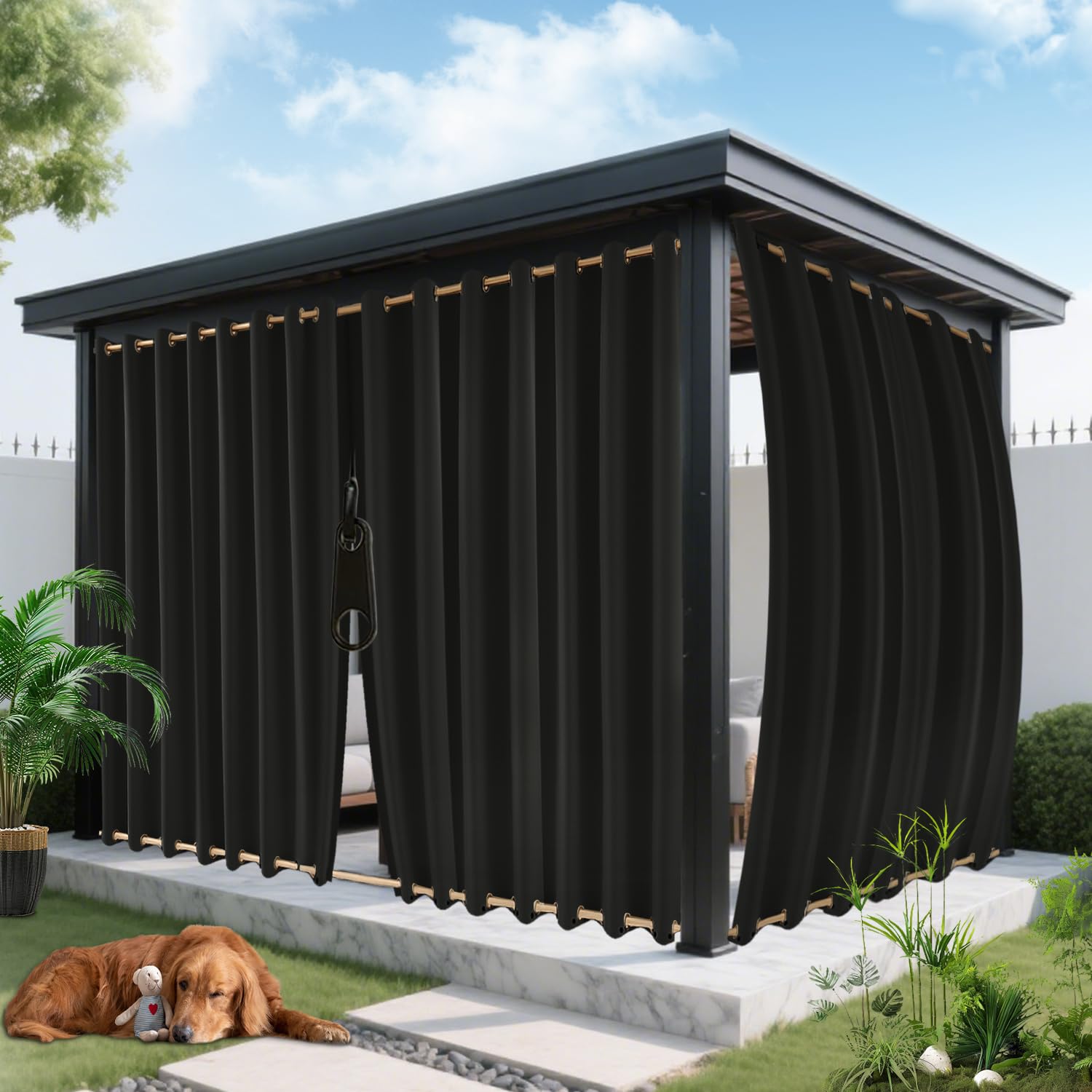 ROFASVCO Outdoor Curtains for Patio Waterproof, Zipper Design 2 Panels Privacy Weatherproof Blackout Curtain Top & Bottom Grommet Outside Drapes for