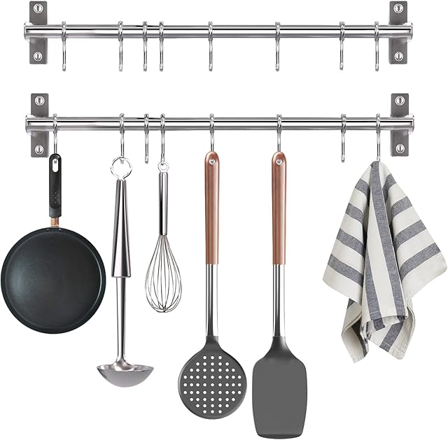 CQWLKEJ 2Pcs Wall Mounted Kitchen Utensil Rack, 8 Movable Hooks Stainless Steel Kitchen Hanging Rail, Pot Pan Rack 15.75"(40cm) Hanger Organizer Utensil Holder for Lid Spoons Spatulas Tools Storage