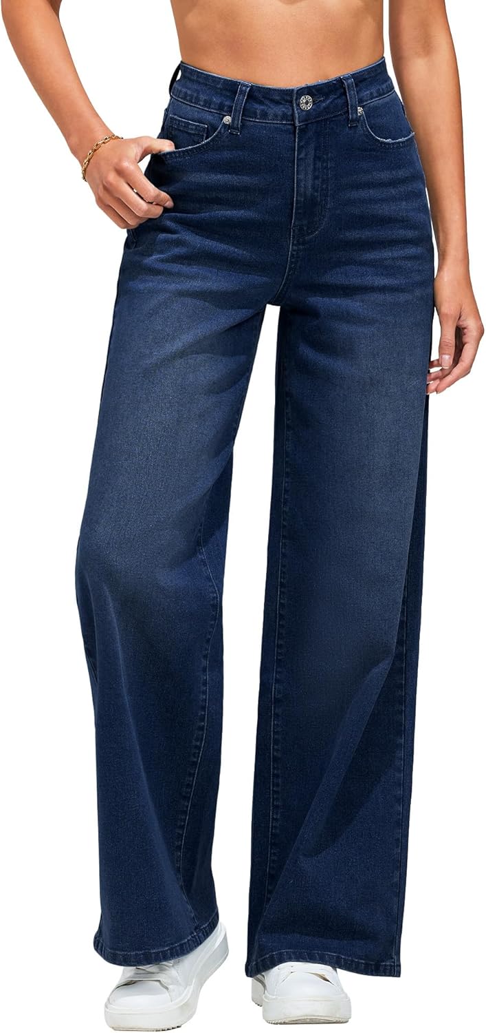 GRAPENT Wide Leg Jeans for Women Trendy High Waisted Stretchy Denim Pants 90s Baggy Jeans Trouser Jeans with Pockets