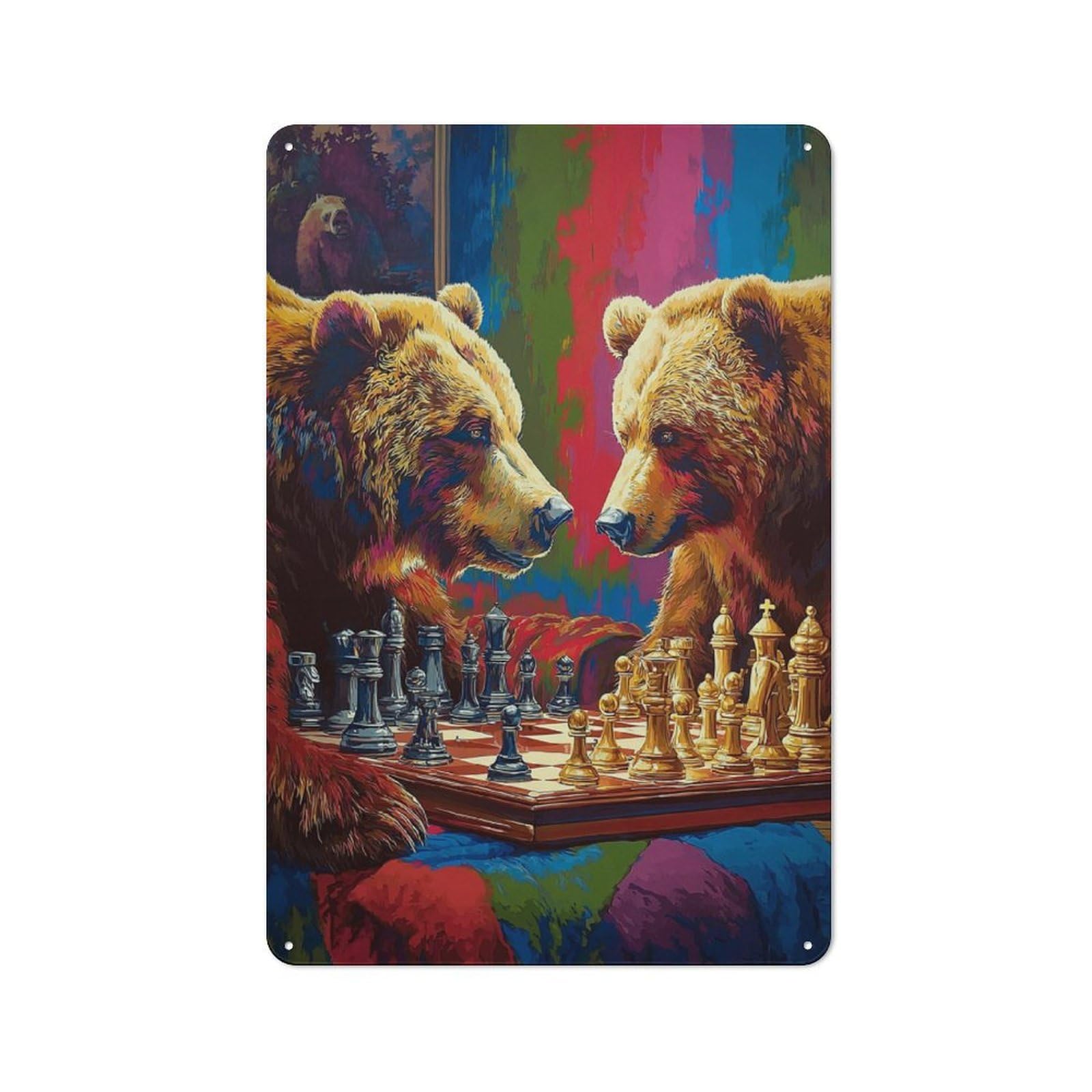 Junmoney Bears In Chess A Strategic Encounter Metal Wall Sign 30X20cm Featuring For Garage Or Workshop, For Vintage Wall Decor Fans, For Metal Sign Collectors