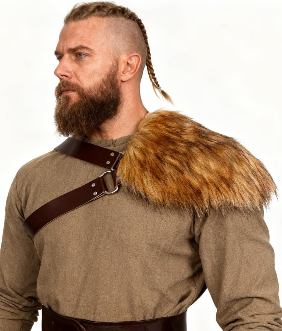 L'VOW Men's Viking Fur Shoulder Armor Medieval One Shoulder Fur Wrap Leather LARP Cosplay Costume Accessory - Image 2