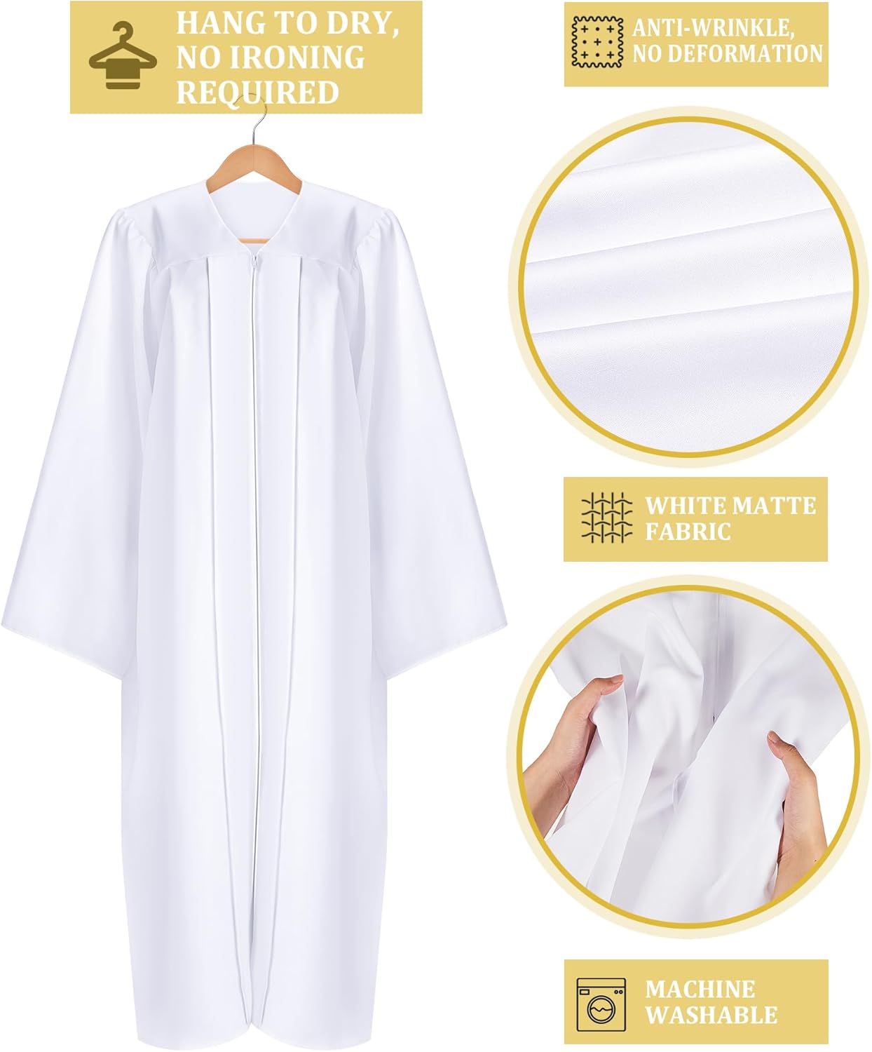 Toulite 3 Pcs Unisex Matte Choir Robes for Church White Baptism Gown Graduation Robe Confirmation Pastor Judge Costume Adult - Image 2