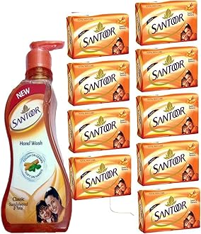 SANTOOR Soap Sandal and Turmeric+Handwash Classic Sandalwood & Tulsi (Set of 7)