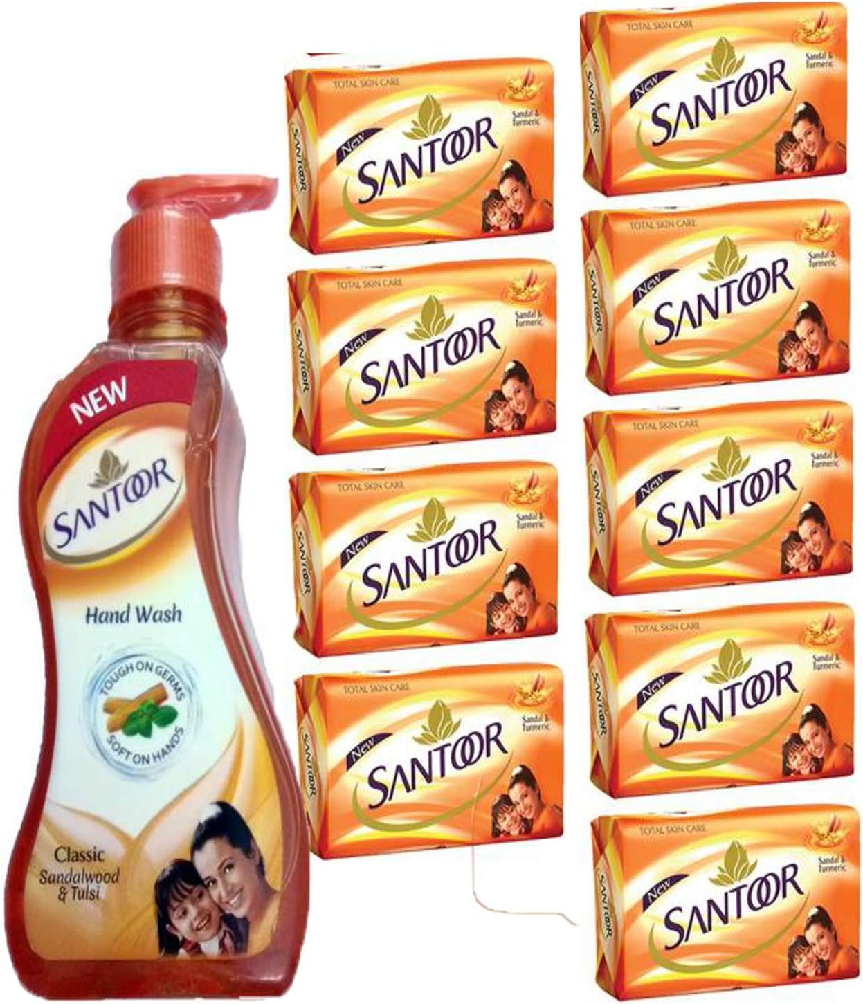 SANTOOR Soap Sandal and Turmeric+Handwash Classic Sandalwood & Tulsi (Set of 7)