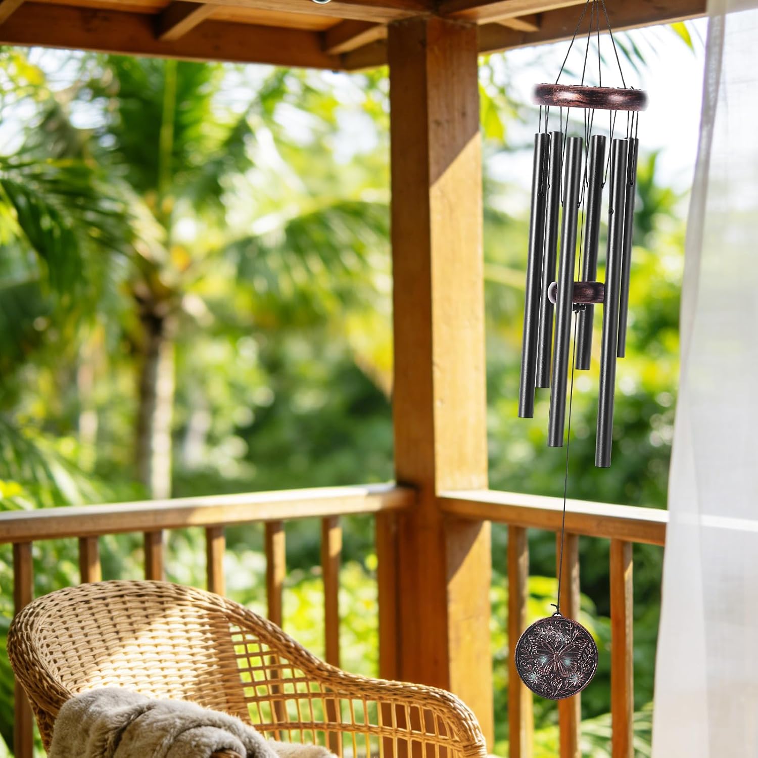 Butterfly Wind Chime for Outside – Vintage Copper 3D Embossed Butterfly Wind Catcher Deep Tone, Resin Medallion Garden Outdoor Hanging Décor Ornament, Gifts with Card Box for Women Men