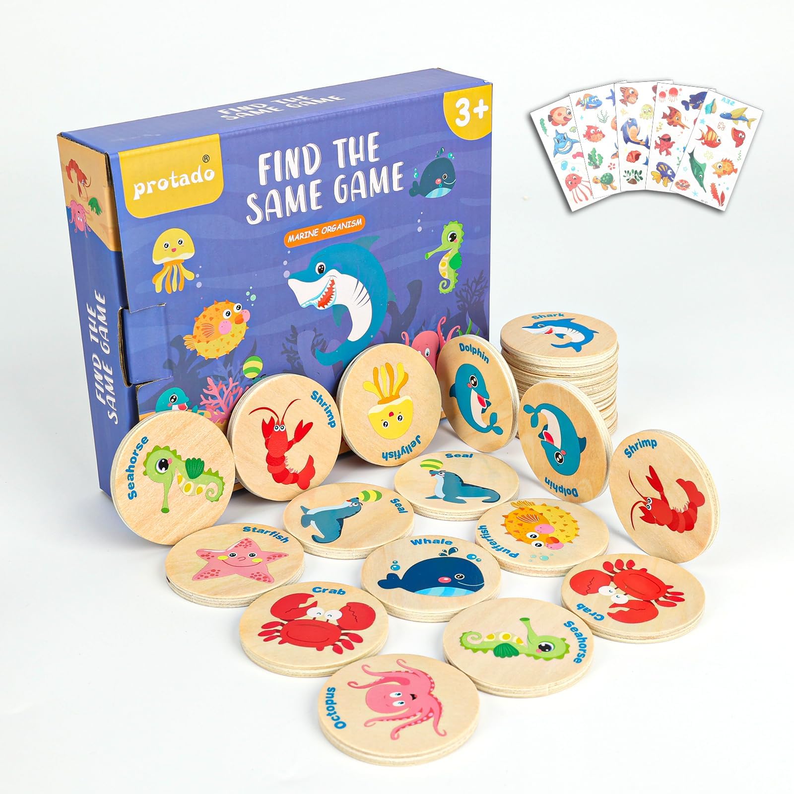 Wooden Match Memory Game for Kids, 24Pc Memory Matching Cards, Educational Memory Matching Game for Pre-Kindergarten Early Learning Development Kids (Marine Animal)