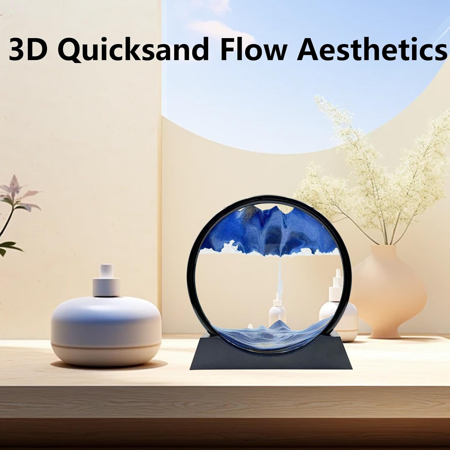 Moving Sand Art Liquid Motion, 3D Deep Sea Sandscape Color Quicksand Decor, Round Glass Moving Sand Art Picture Relaxing Desktop Home Office Work Decor (7 inch-Blue)