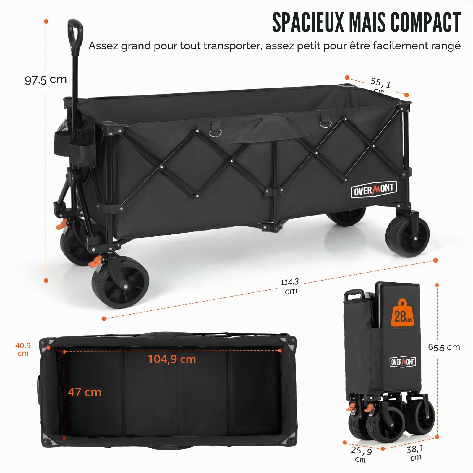 Overmont de Festival Pliable Extra Large de 300 L – Roues Larges et Freins – Robuste jusqu'à 200 kg – avec poignée réglable et Sac de Housse – pour Plage, Camping, Jardin, Noir