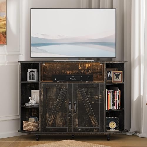 Miniatura 8 de 4 EVER WINNER Soporte de TV esquinero, gabinete de TV esquinero estilo granja con luces LED para TV de 50 pulgadas, estantes ajustables, soporte de