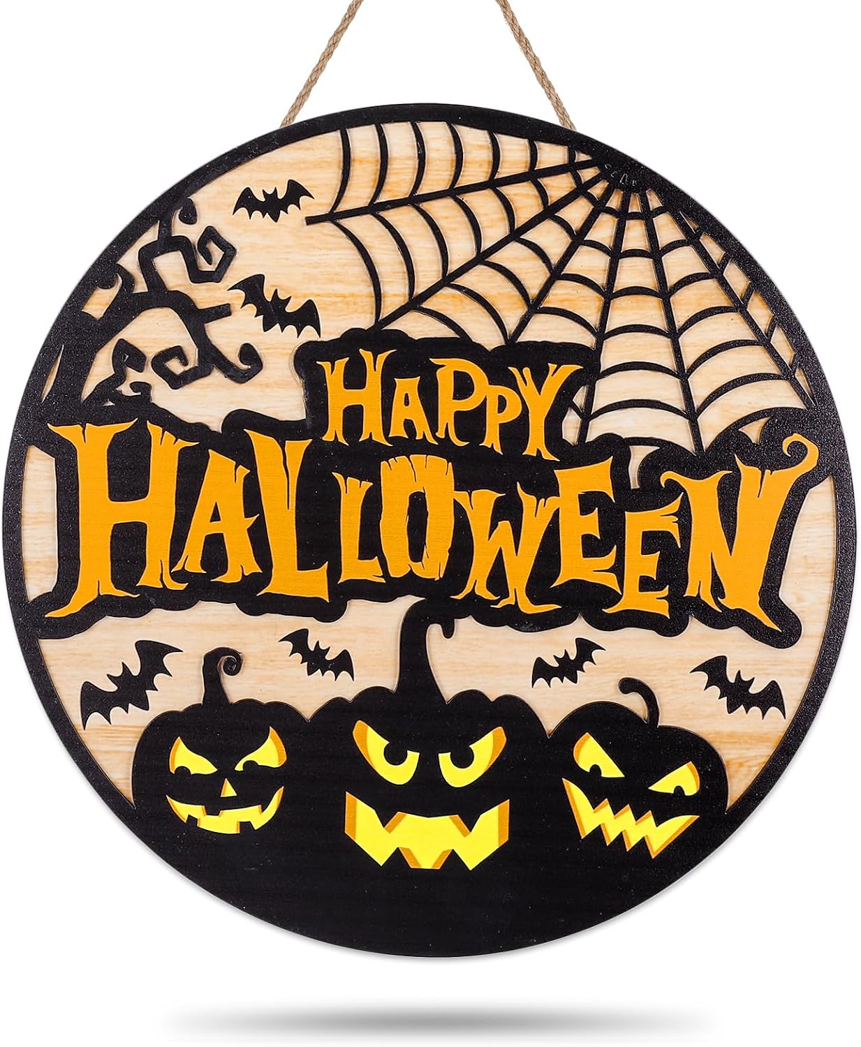 JarThenaAMCS Halloween Welcome Door Sign 3D Evil Pumpkin Face Spider Web Bat Wooden Hanging Sign Front Door Hanger for Indoor Outdoor Home Porch Window Decor