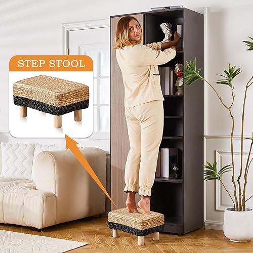 Miniatura 5 de Cpintltr Taburete otomano rectangular, reposapiés, otomano, reposapiés natural de algas marinas con patas de madera, taburete tejido a mano para