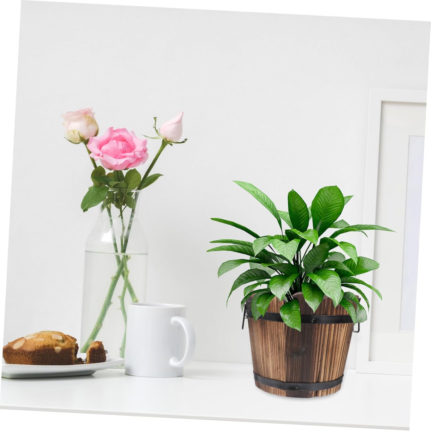 Solid Wood Carbonized Flower Pot for Succulents Retro Wave Mouth Design Large Desktop Decoration Plant Holder for Home and Balcony Brown Wooden Barrel Planter