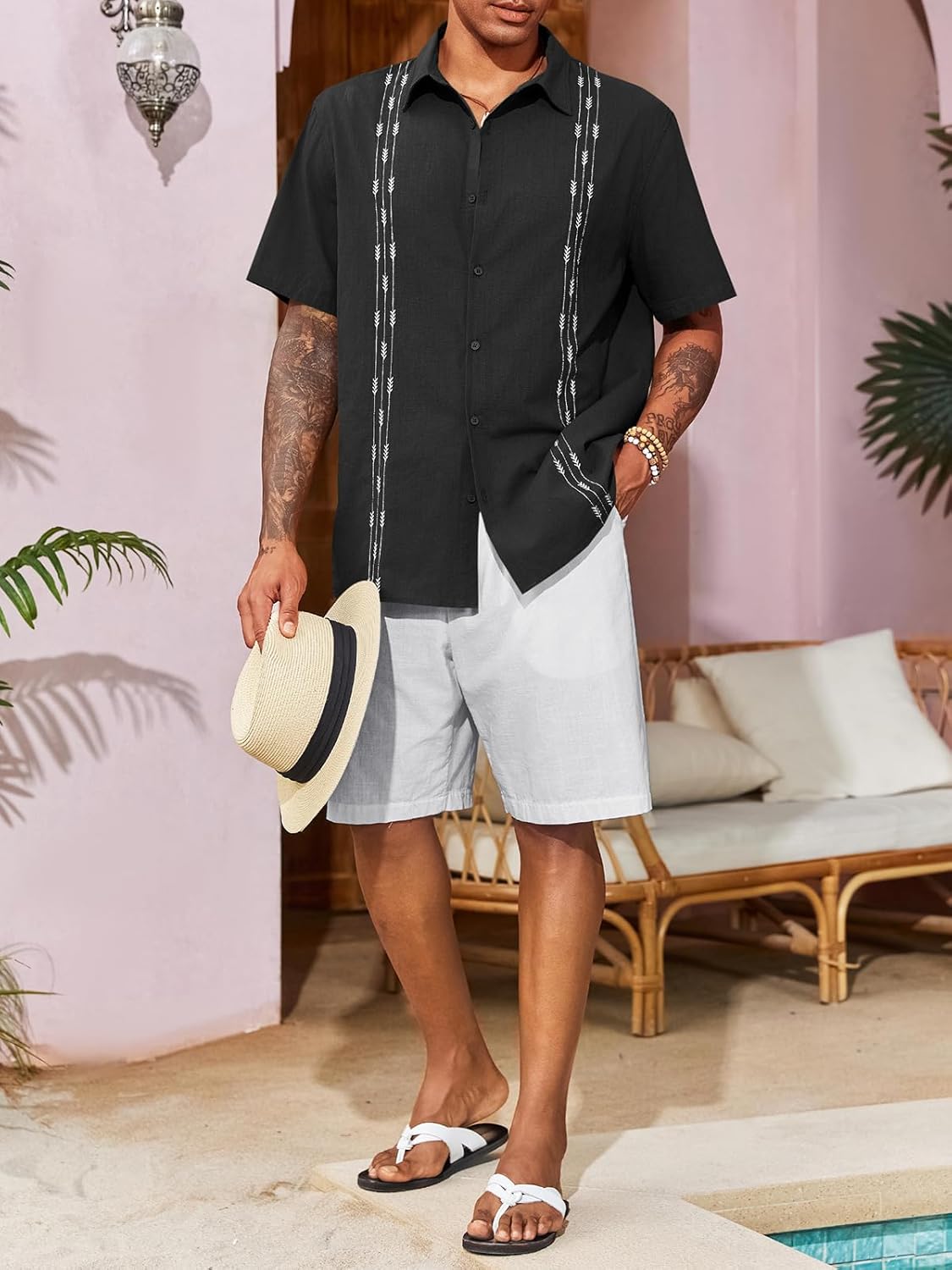 Runcati Mens Linen Shirt Guayabera Cuban Short Sleeve Button Down Cotton Summer Beach Hippie Shirts - Image 4