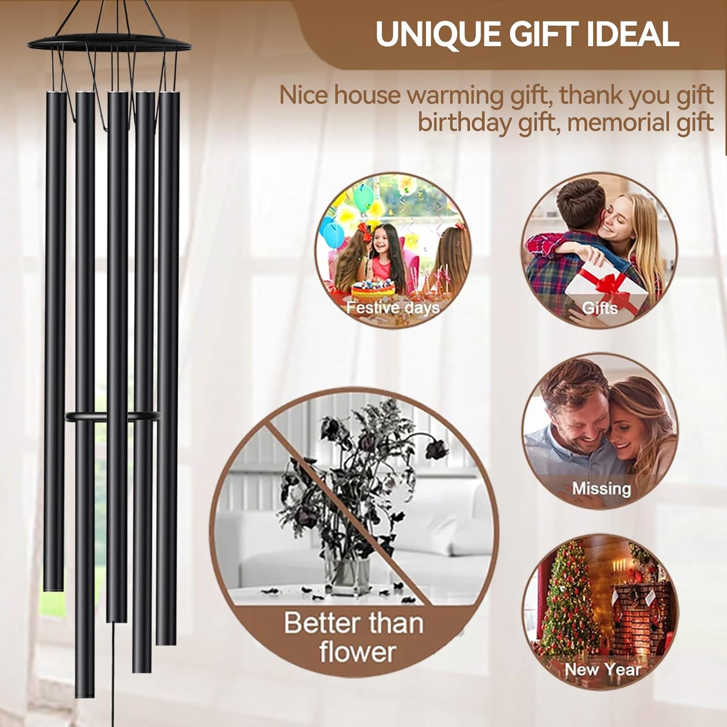 68” Large Wind Chimes for Home Garden Decor, Deep Tone Wind Chimes for Mom Grandma, Memorial Sympathy Gifts for Loss of Loved One, Black - Image 7