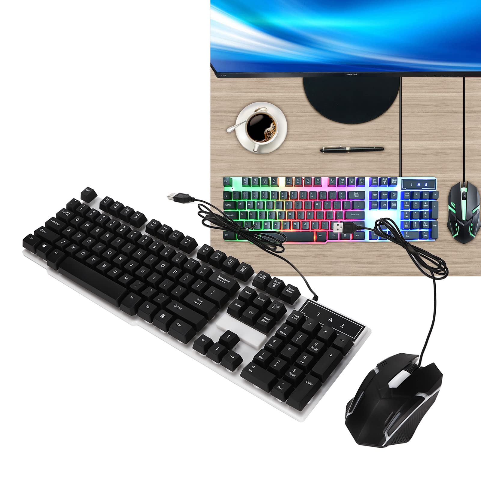 ciciglow Gaming-Tastatur und -Maus-Kombination, Kabelgebundene Hintergrundbeleuchtete Computertastaturen und RGB-Gaming-Maus, Mechanische Tastaturen mit 104 Tasten DPI 4800-Maus für Gamer