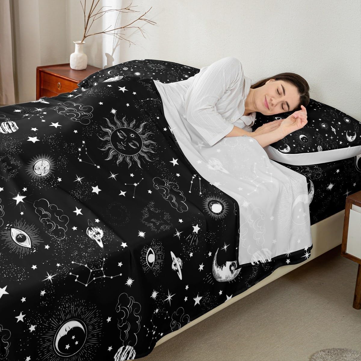 Sun Moon Bed Sheets King Size,Starry Galaxy Boho Hippie Constellation,Quality Brushed Microfiber Luxury Bedding Set with Flat,Fitted Sheet,2 Pillow Cases