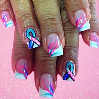 Breast Cancer French Tip Press on Nails Short Square Fake Nails with Pink Blue Ribbons Design Acrylic False Nails Full Cover Artificial Glue on Nail Reusable Stick on Nail for Women 24Pcs