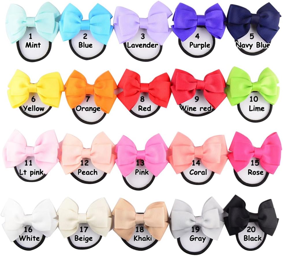 SEEKO Solid Color Handcraft Baby Grosgrain Ribbons Boutique Hair Ties Bows Kids Hair Tie Bands Ropes Hair Elastics Ponytail Toddler Fabric Mixed Colorful Hair Holder 20PCS