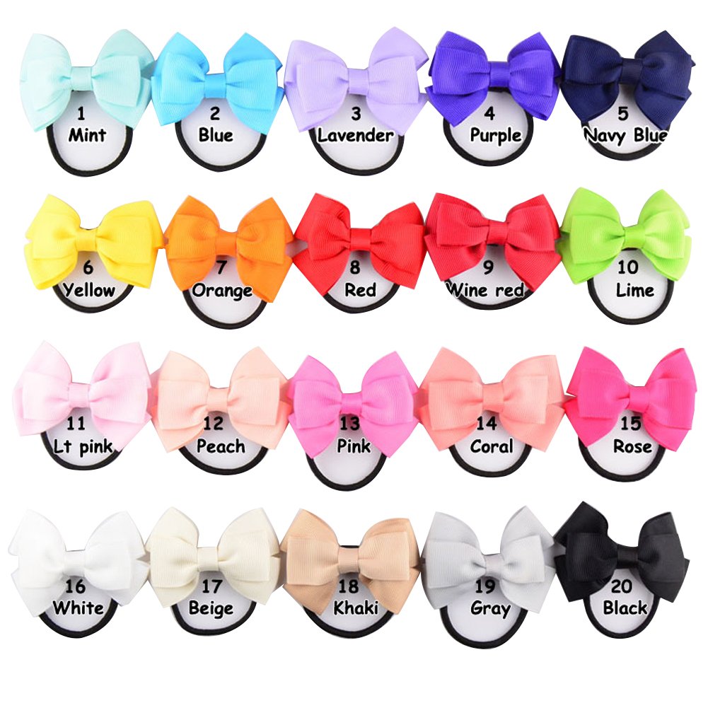 SEEKO Solid Color Handcraft Baby Grosgrain Ribbons Boutique Hair Ties Bows Kids Hair Tie Bands Ropes Hair Elastics Ponytail Toddler Fabric Mixed Colorful Hair Holder 20PCS