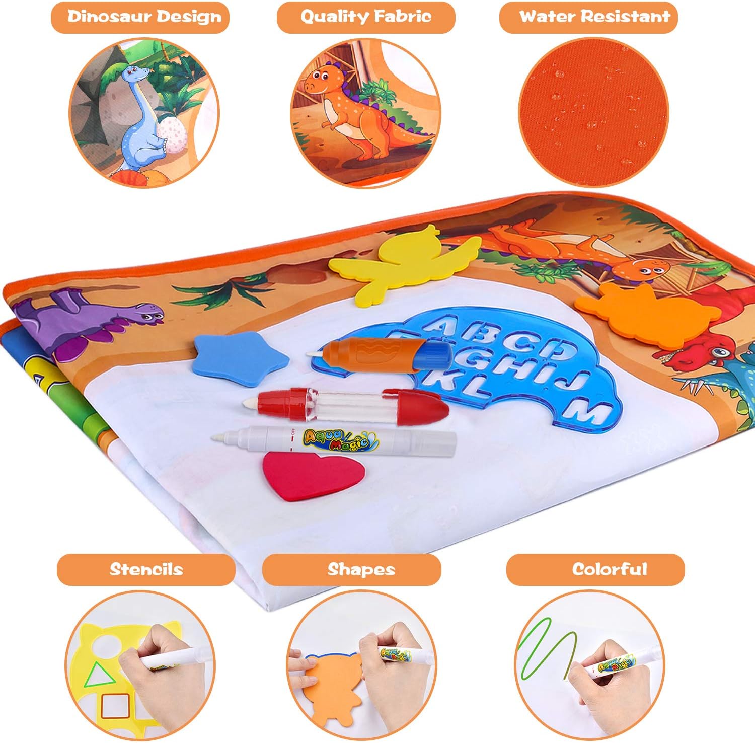 GINMIC 2-in-1 Luminous Magic Water Doodle Mat, Kids Painting Writing Doodle Toy Mat, Reusable Painting Coloring Writing Doodle Toys Kit, Educational Toys for Boys Girls Age 3-12 Years Old Toddler (YELLOW)