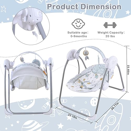 Miniatura 4 de Columpio de bebé para bebé, columpio para recién nacido con música, 5 niveles de velocidad, ajuste de temporización, cojín suave, columpio plegable