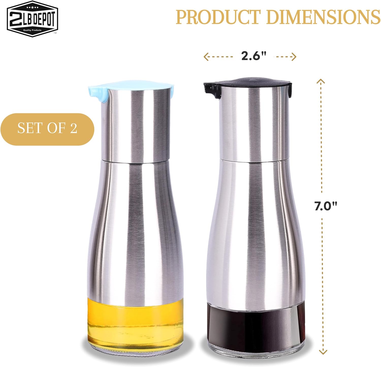 2LB Depot Oil and Vinegar Dispenser Set - Brushed Steel & Glass Containers with Anti-Drip Spout Lid - Easy-Clean - Olive Oil Dispenser Bottle - Minimalist Kitchen Accessory - 7.1"H x 2.7"L x 2.7"W image 3