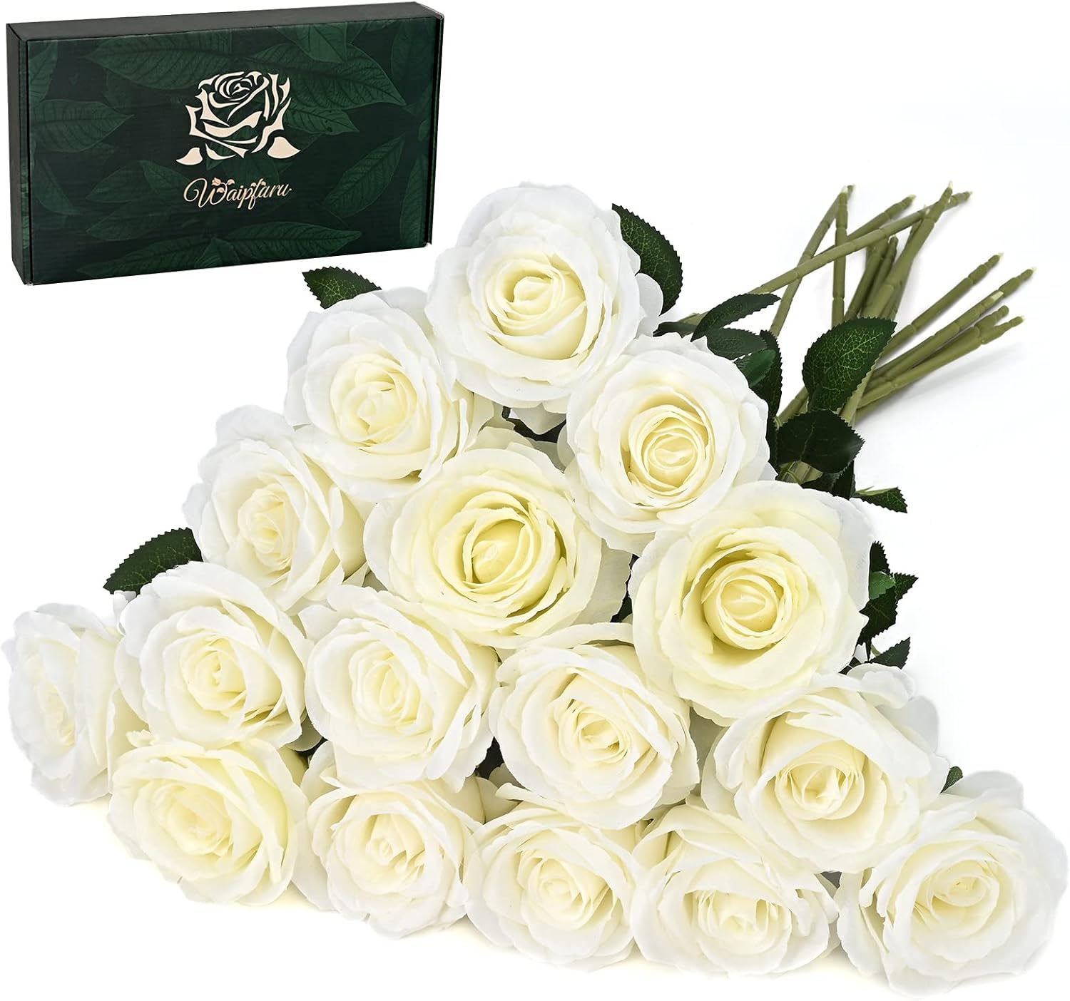 Waipfaru 16 Pcs Artificial Flowers Fake Silk White Roses
