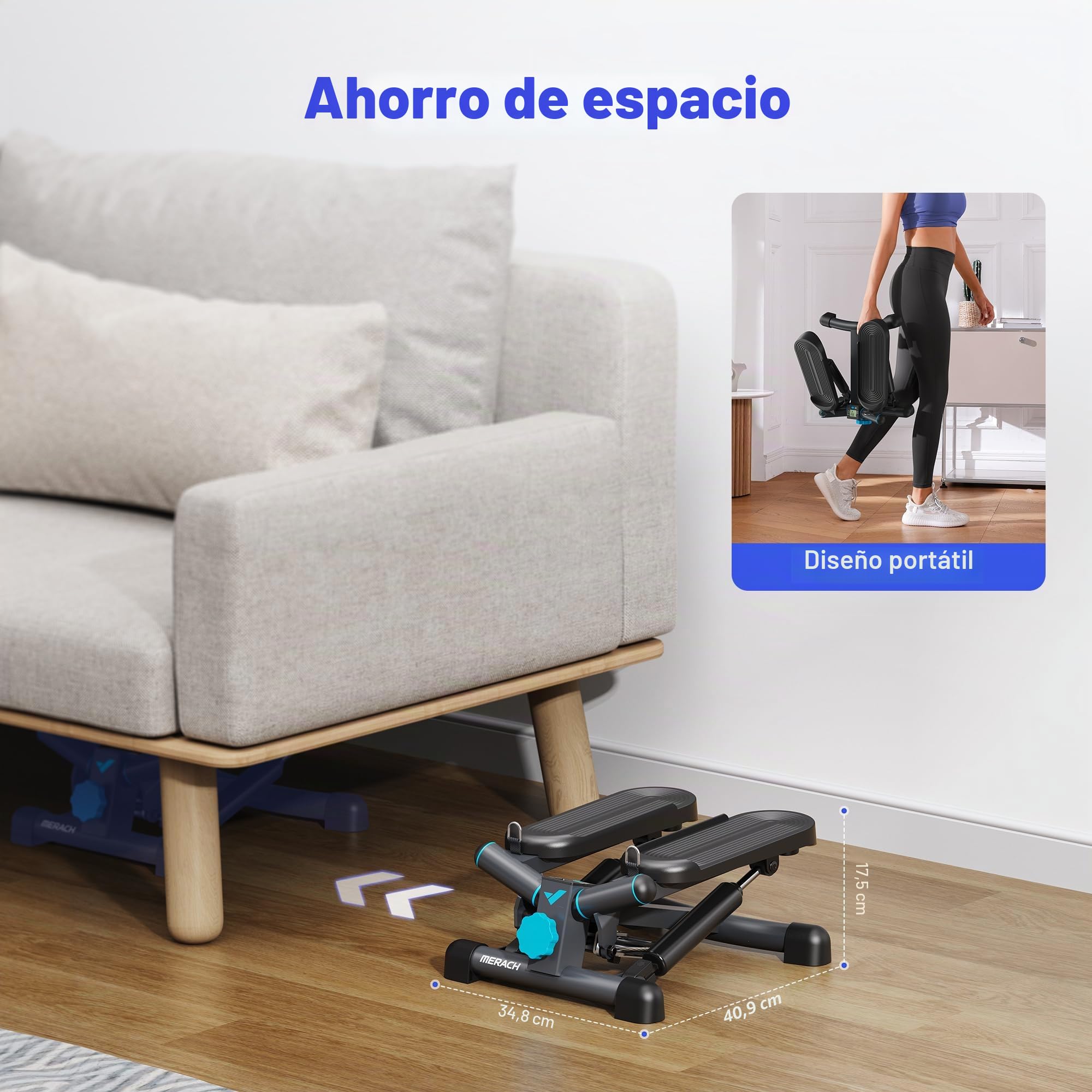 MERACH Stepper 2 en 1 para el Hogar, Silencioso, Mini Stepper de 150 kg, con Monitor LCD, Escalón de Balanceo hacia Abajo con Power Ropes para Entrenamiento de Pierna/Brazo/Glúteos, Home Office