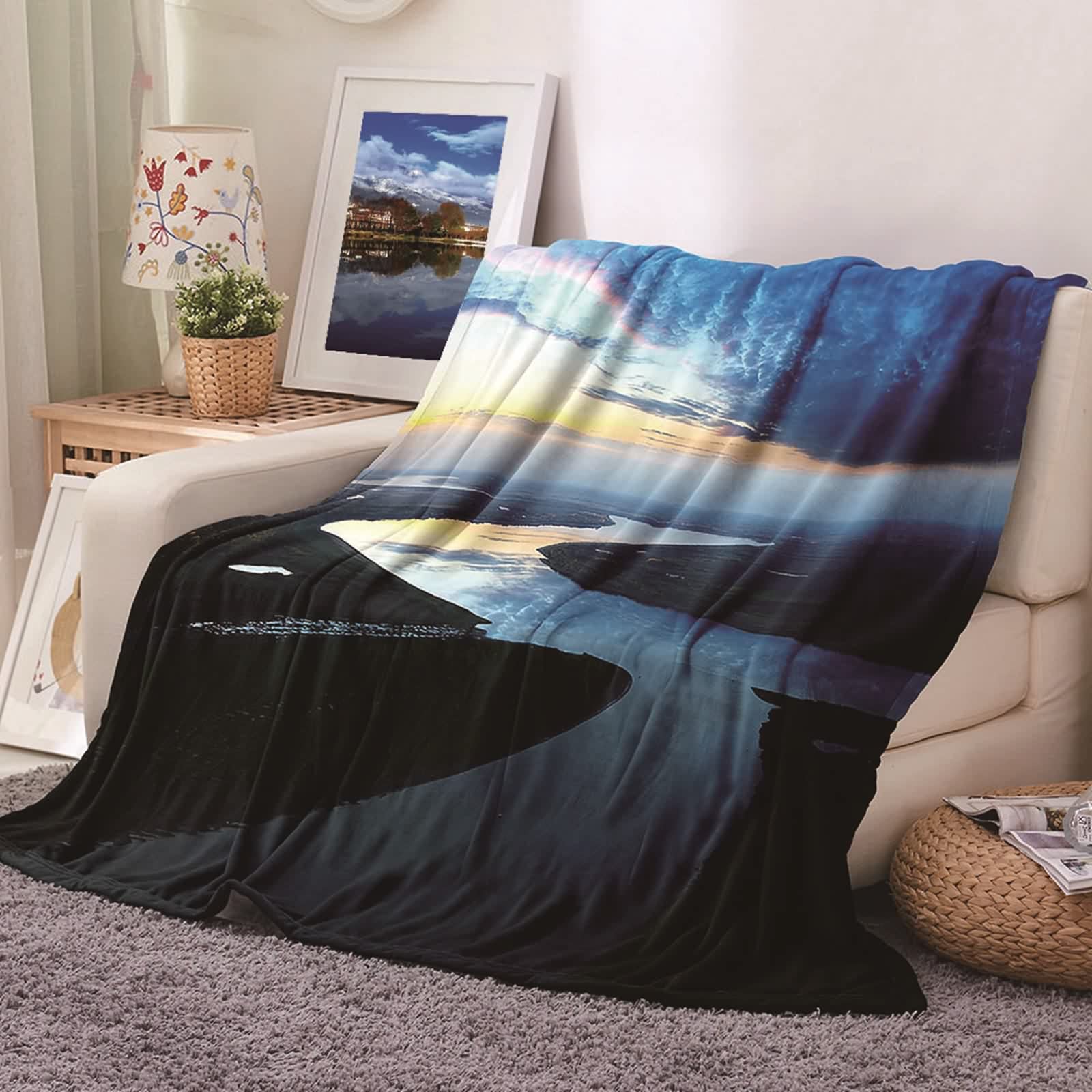 Couverture polaire flannel KnSam douce et confortable motif paysage Plain Lake