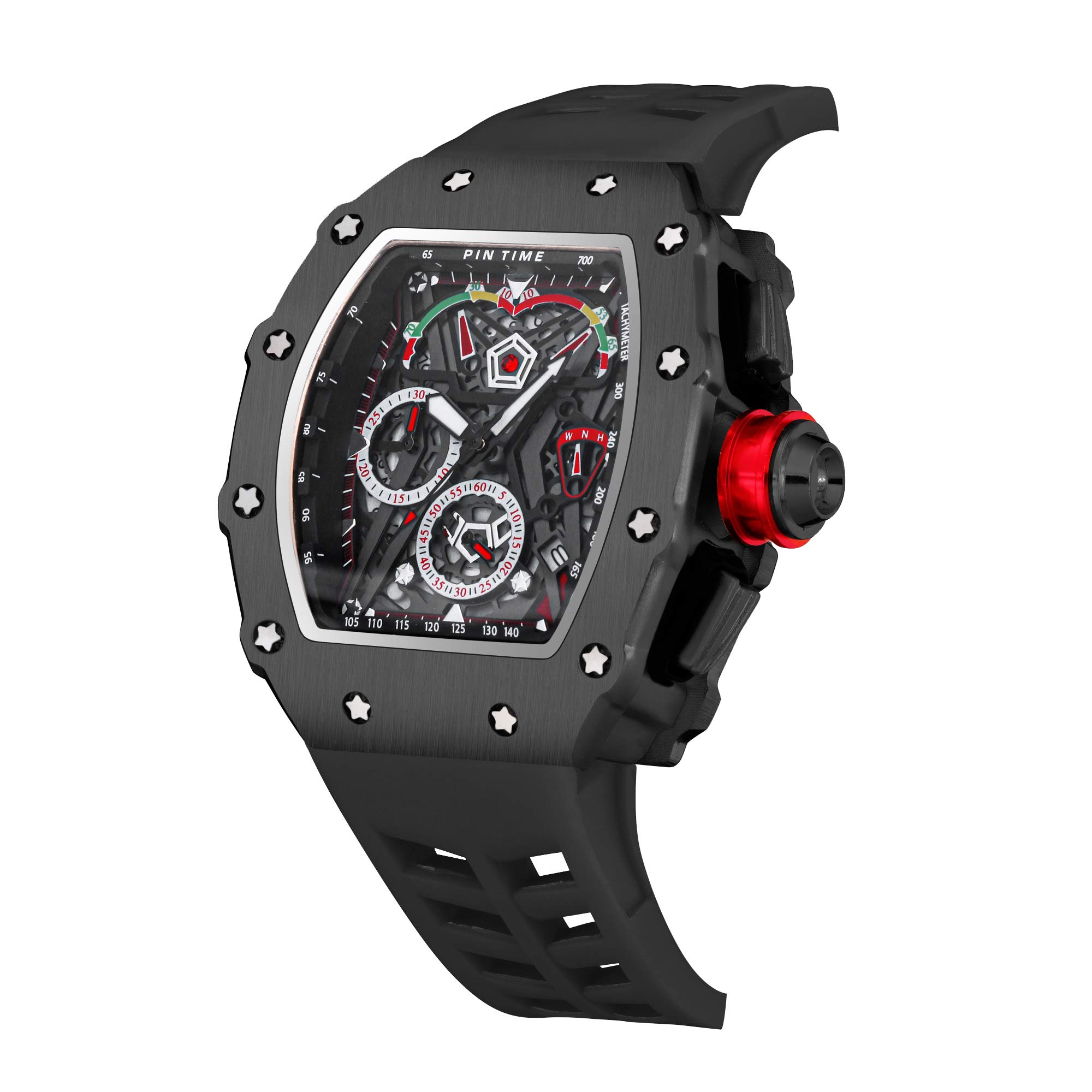 Youbbeo Analog Punk Chronograph Watch Casual Tonneau Skeleton Watches Unique Fashion Style Quartz Sports Wristwatch Luminous Design with Silicone Band (Black Black)