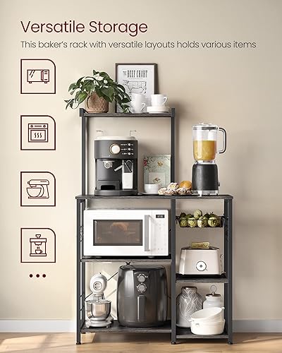 Miniatura 7 de VASAGLE Estante para panadero, soporte para microondas, estante de almacenamiento de cocina con cesta de alambre, 6 ganchos y estantes, para