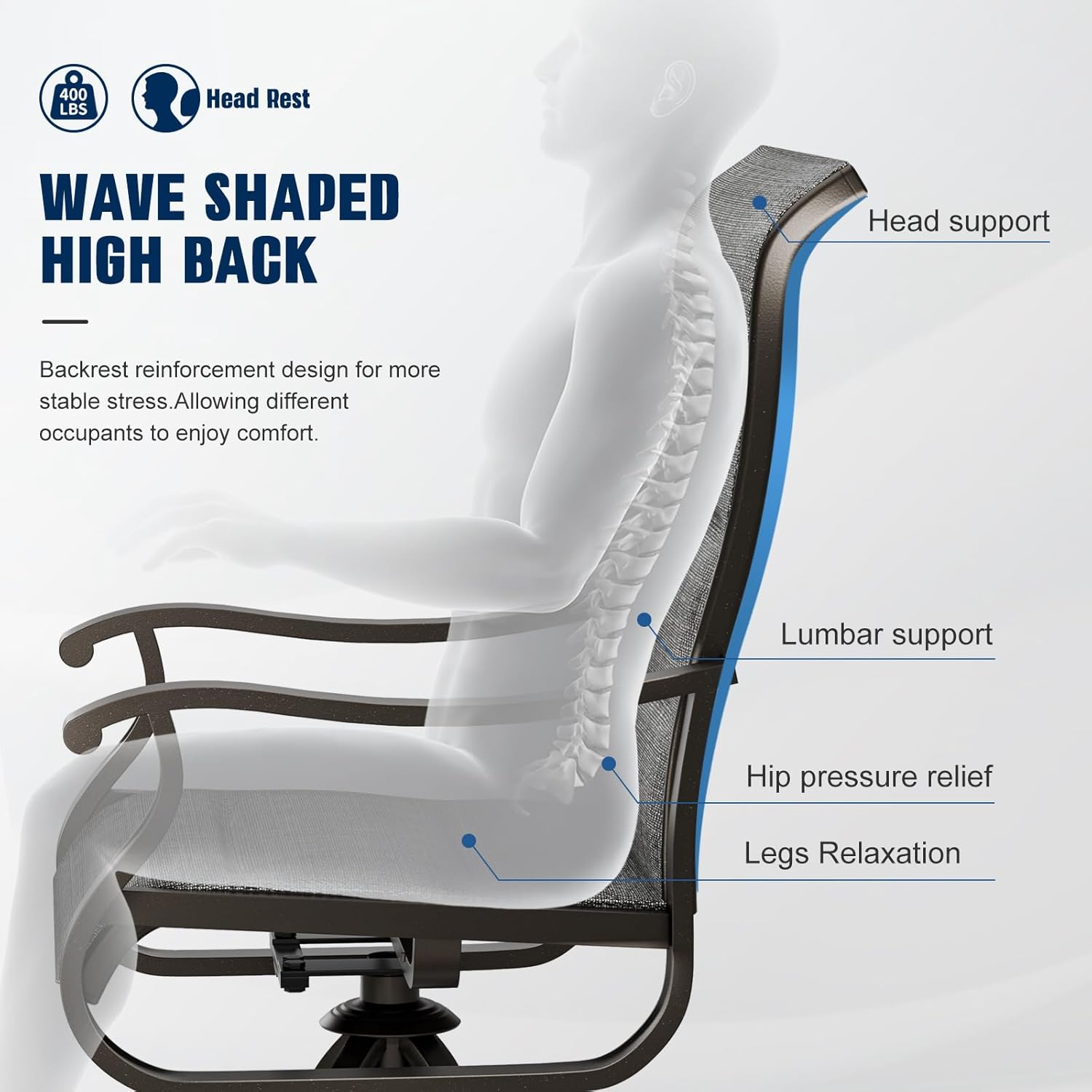 UDPATIO Patio Swivel Chairs Set of 4, Outdoor Swivel Chairs High Back with Padded All Weather Breathable Textilene, Metal Rocking Frame for Backyard Lawn Garden, Dark Grey