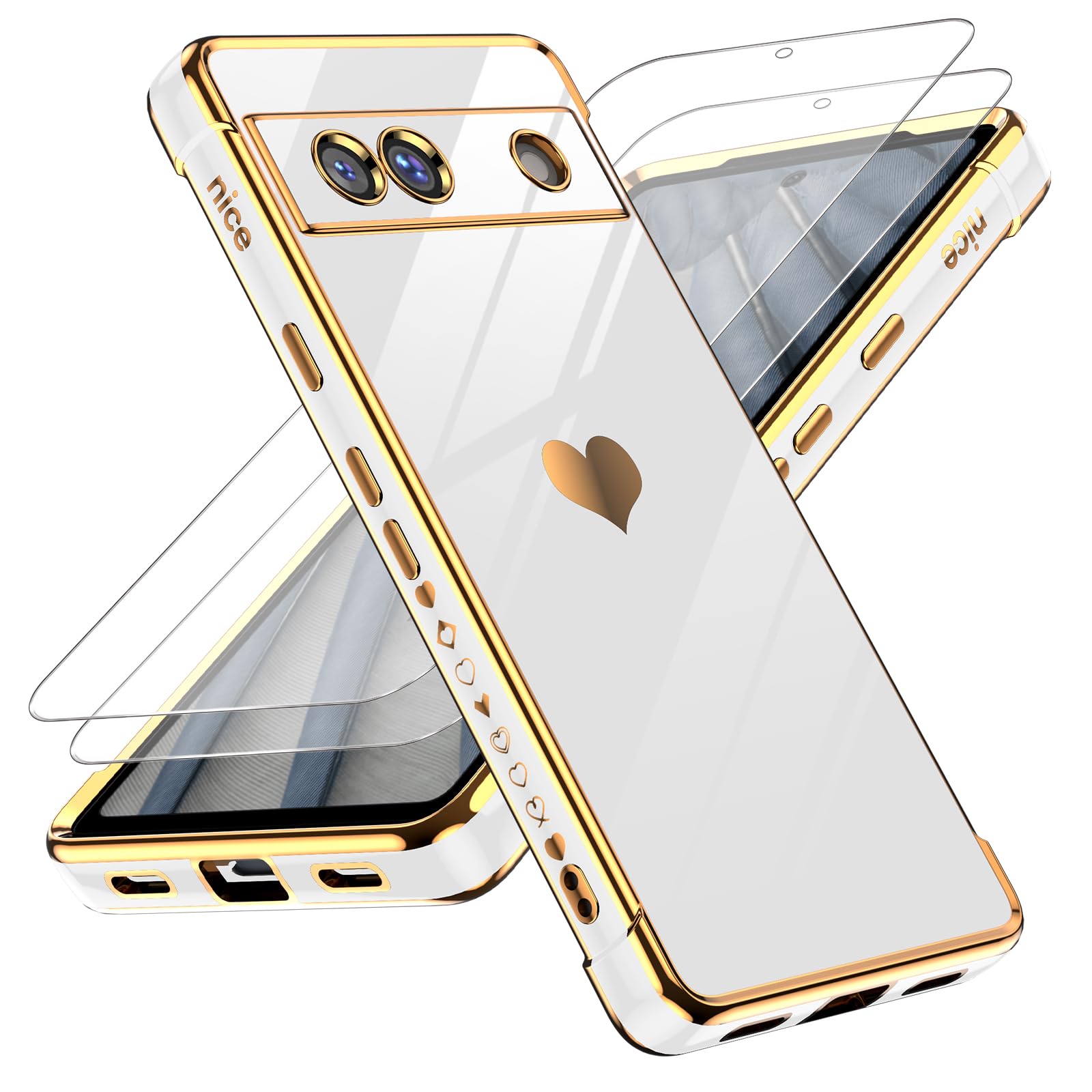 LeYifor Pixel 7A Phone Case with Tempered Glass Screen Protector [2 Pcs]+ Full Camera Lens Protection,Love Heart Plating Girly Women Cute Luxury Soft TPU Shockproof Case for Google Pixel 7A,White