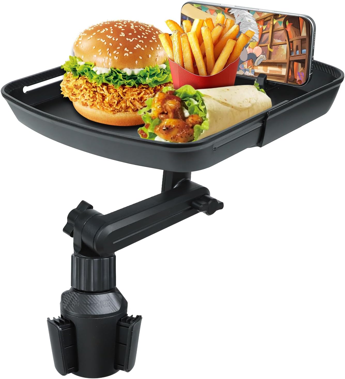 Car Cup Holder Tray Table, 360° Adjustable Car Food Tray with Phone Slot & Swivel Arm, 3 in 1 Detachable Vehicle Cup Holder Expander for Eating, Universal Road Trip Essentials