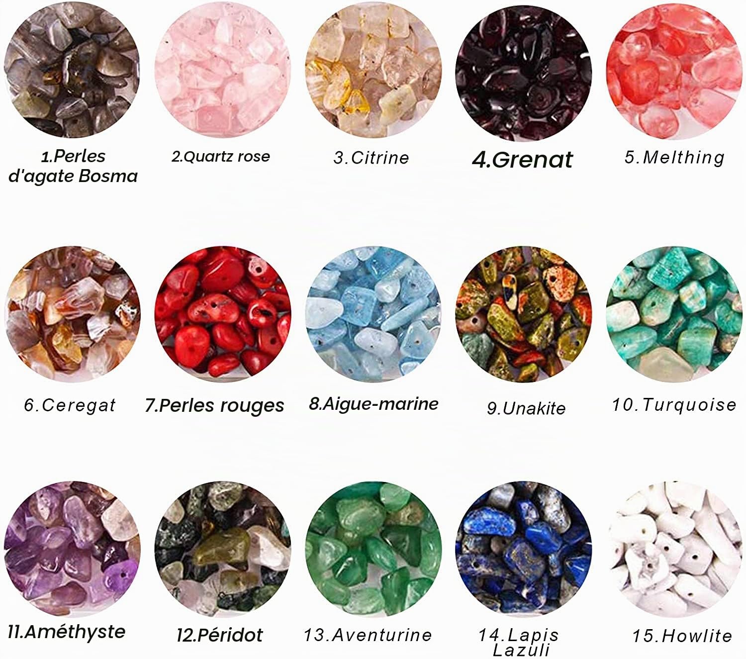 Colle Lot de Perles de Petites Pierres Précieuses Irrégulières - Pierres Naturelles de Guérison - Perles en Vrac pour la Fabrication de Bijoux, Collier, Bracelet, Bague (15 couleurs)