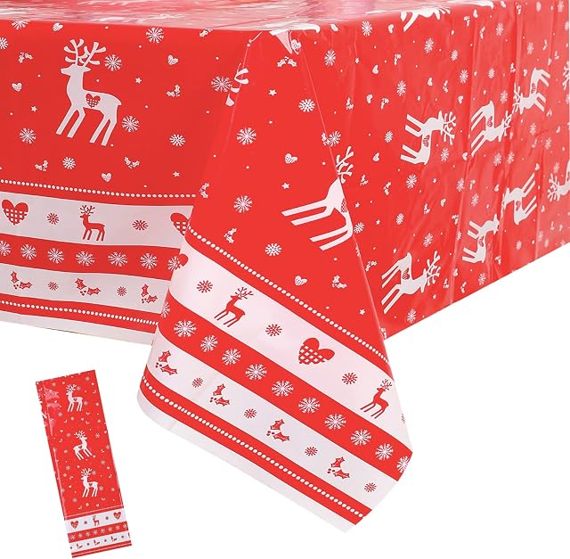 POPOYU Christmas Table Cloth Party Disposable Tablecloths,Red and Elk Table Covers,108*180CM Rectangle Large Plastic Tablecloth Party for Picnic,Baby Shower,Xmas Party,Christmas Table Decorations