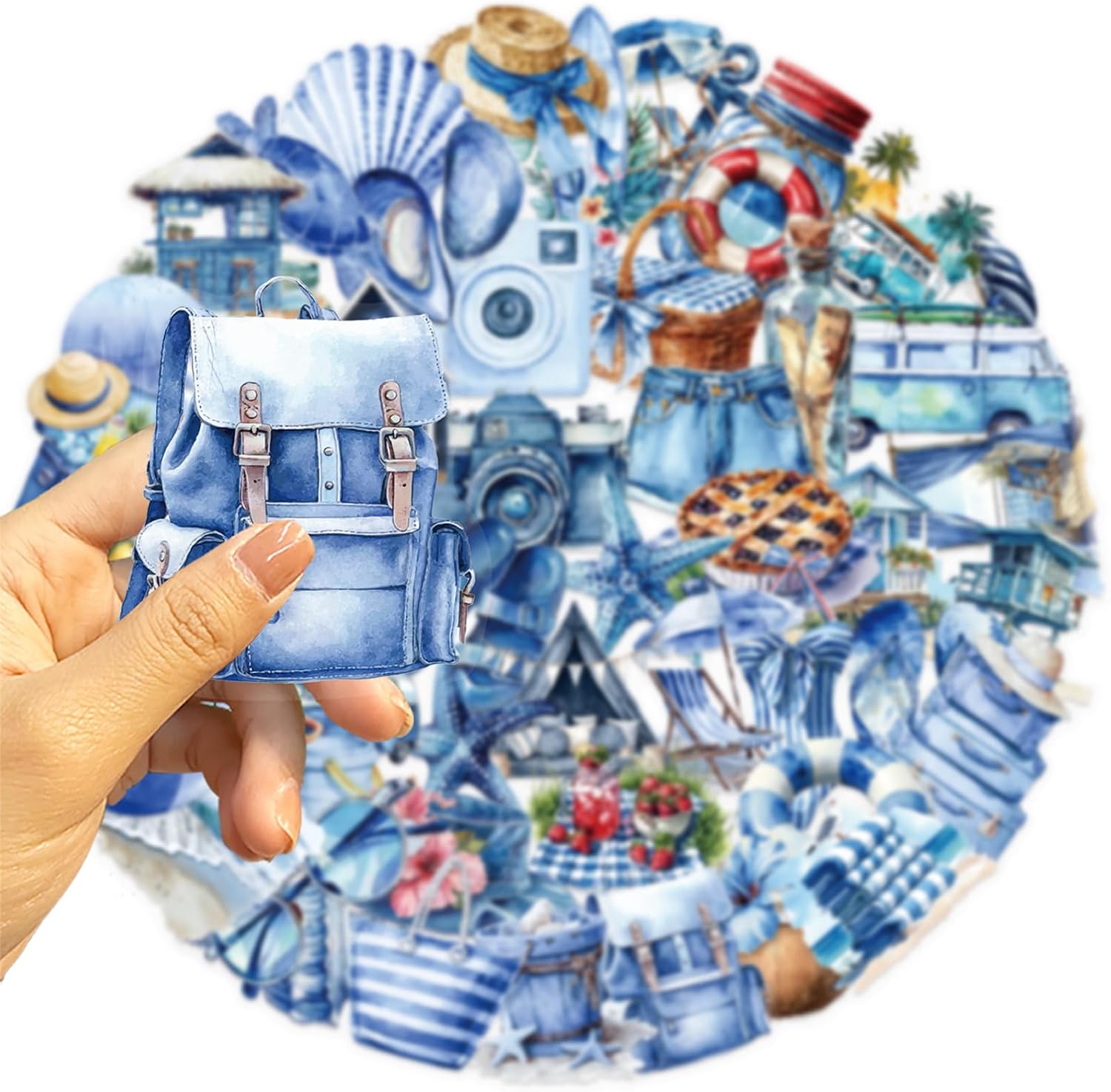 50PCS Transparent Blue Beach Stickers Waterproof PET Transparent Sticker for Journaling Laptop Scrapbook Water Bottles Guitar Suitcase Phone Gifts for Adult Teens (Colours-D4)