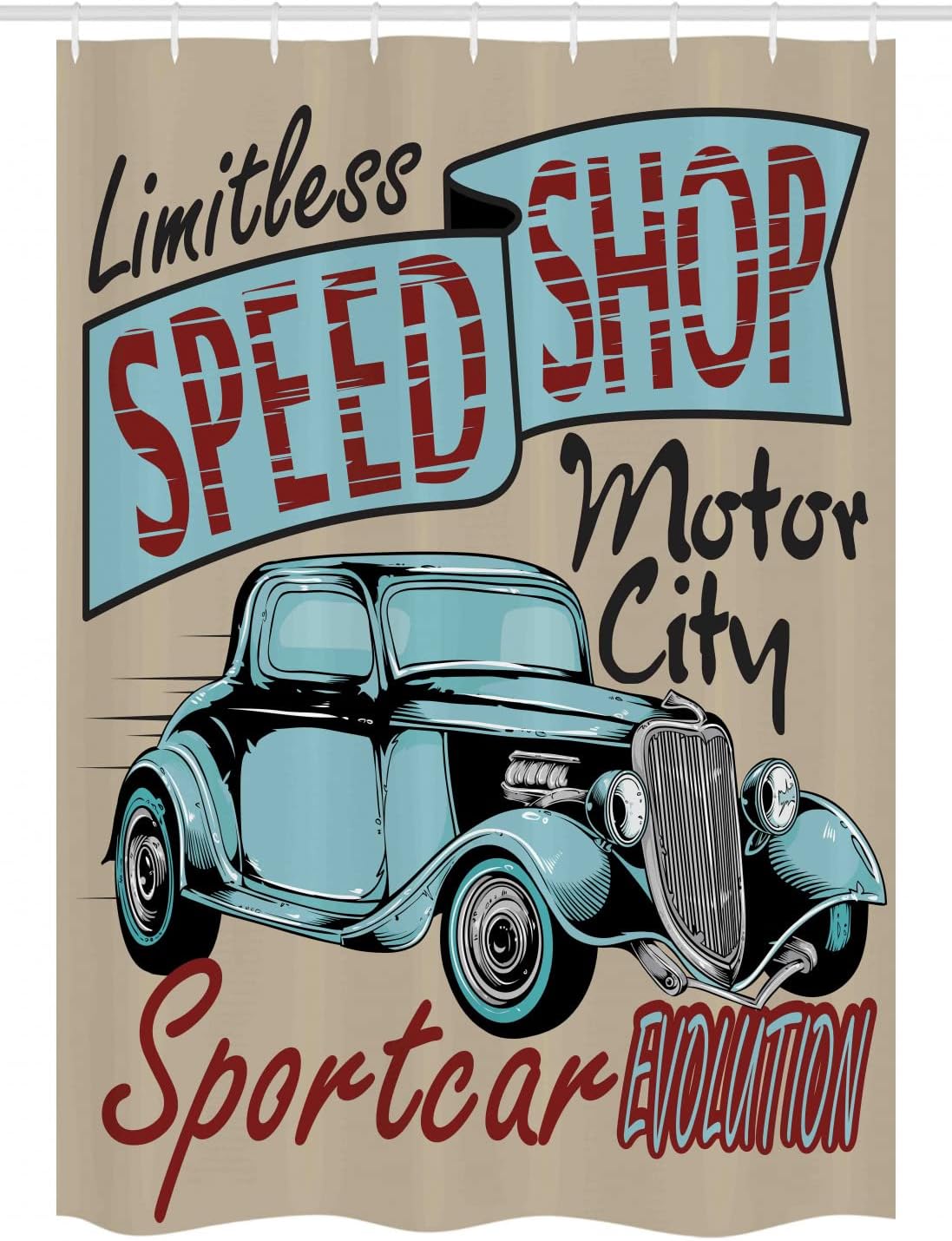 Ambesonne Retro Stall Shower Curtain, Nostalgic Advertising Print Antique Sports Auto in Retro Rusty Colors Art Design, Fabric Bathroom Decor Set with Hooks, 54" W x 78" L, Teal Red Brown