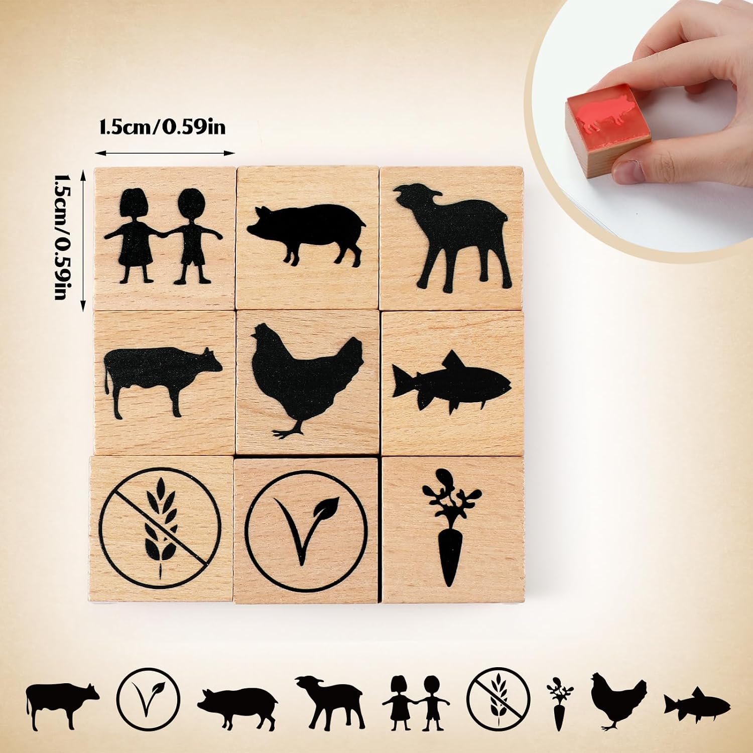 Marspark 9 Pcs Menu Rubber Stamp Set Small Mini Food Choice Carrot Chicken Cow Fish Beef Pig Lamb Gluten Free Stamp for Scrapbooking Card Making Planner